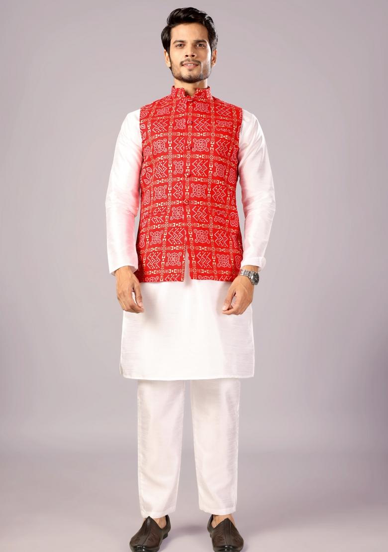 Red Printed Cotton Waistcoat For Men - Indya