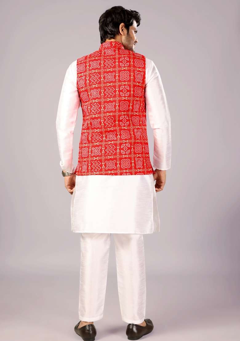 Red Printed Cotton Waistcoat For Men - Indya