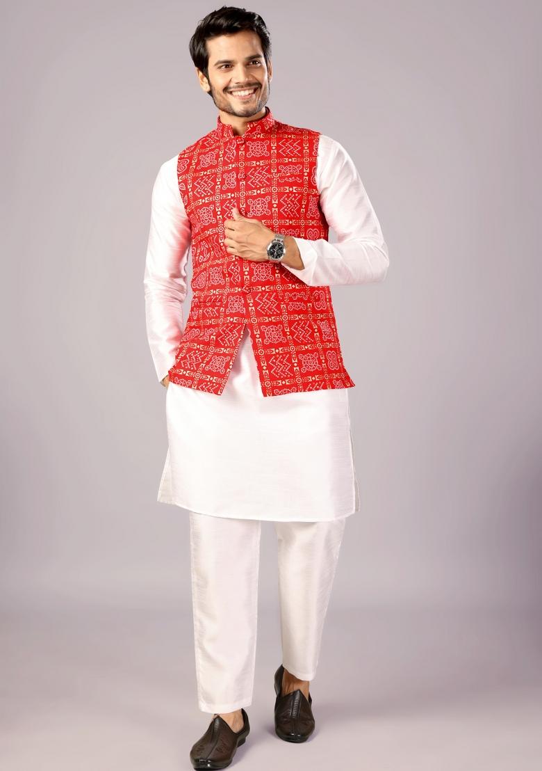 Red Printed Cotton Waistcoat For Men - Indya