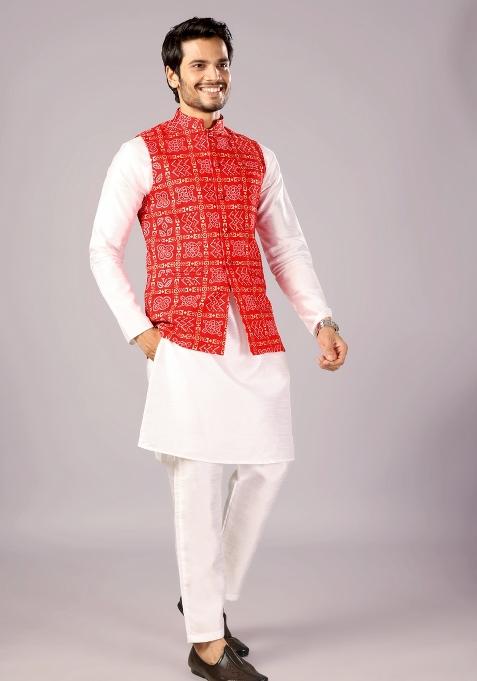 Red Printed Cotton Waistcoat For Men