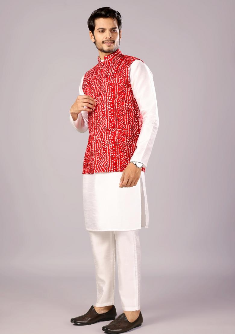 Red Printed Cotton Waistcoat For Men - Indya