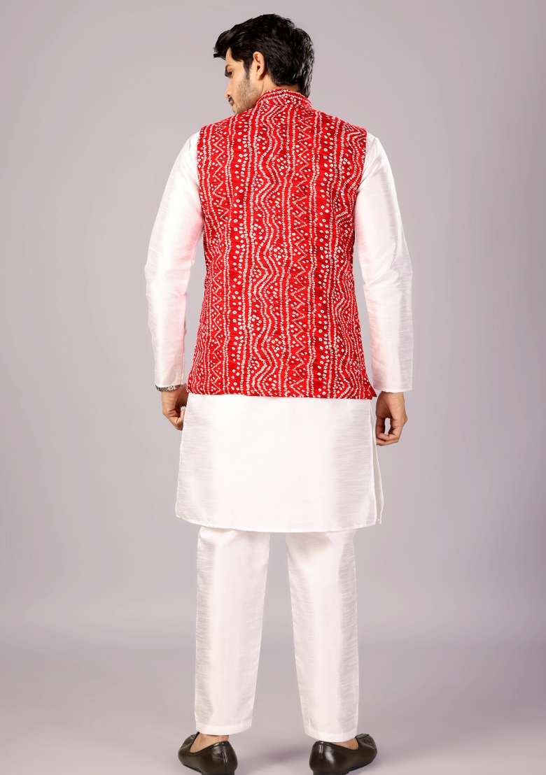 Red Printed Cotton Waistcoat For Men - Indya