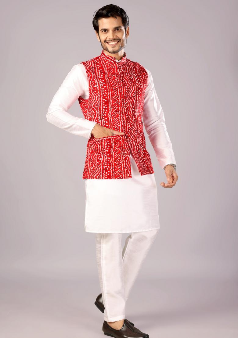 Red Printed Cotton Waistcoat For Men - Indya