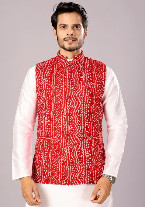 Red Printed Cotton Waistcoat For Men