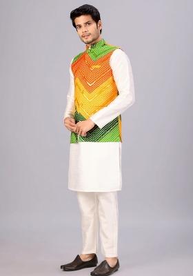 Yellow And Green Printed Cotton Waistcoat For Men
