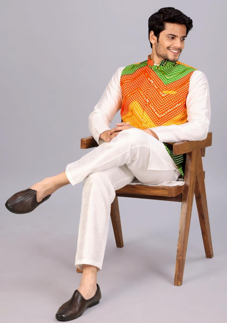 Yellow And Green Printed Cotton Waistcoat For Men - Indya