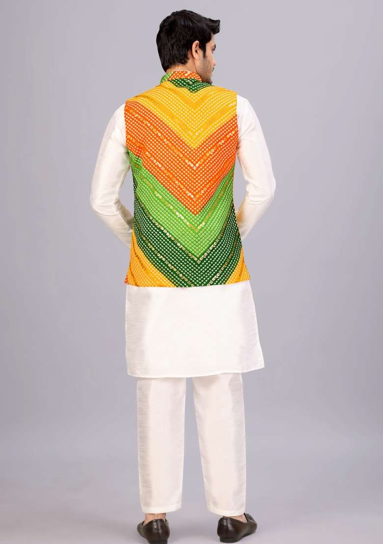 Yellow And Green Printed Cotton Waistcoat For Men - Indya