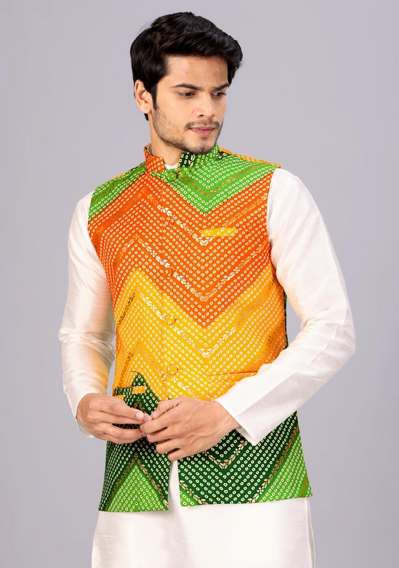 Yellow And Green Printed Cotton Waistcoat For Men - Indya