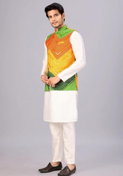 Yellow And Green Printed Cotton Waistcoat For Men