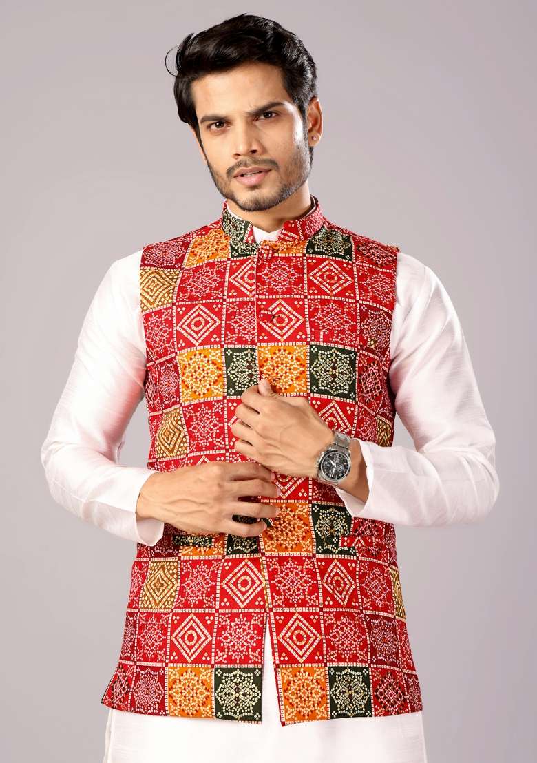 Multicolor Printed Cotton Waistcoat For Men - Indya
