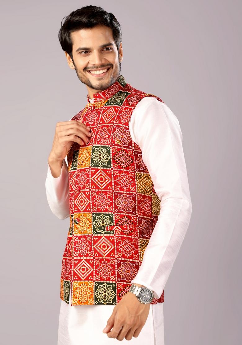 Multicolor Printed Cotton Waistcoat For Men - Indya