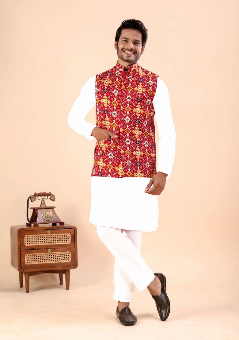 Red Printed Cotton Waistcoat For Men - Indya