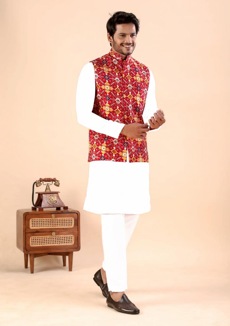 Red Printed Cotton Waistcoat For Men - Indya