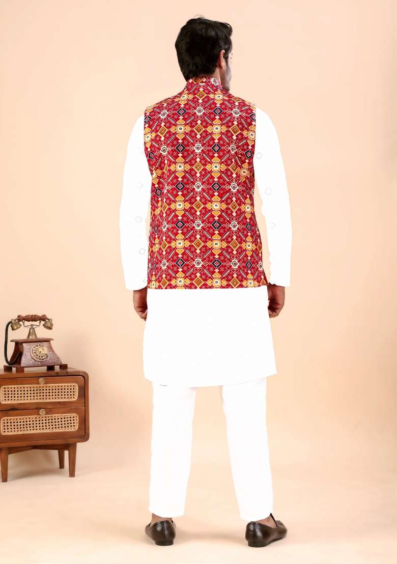 Red Printed Cotton Waistcoat For Men - Indya