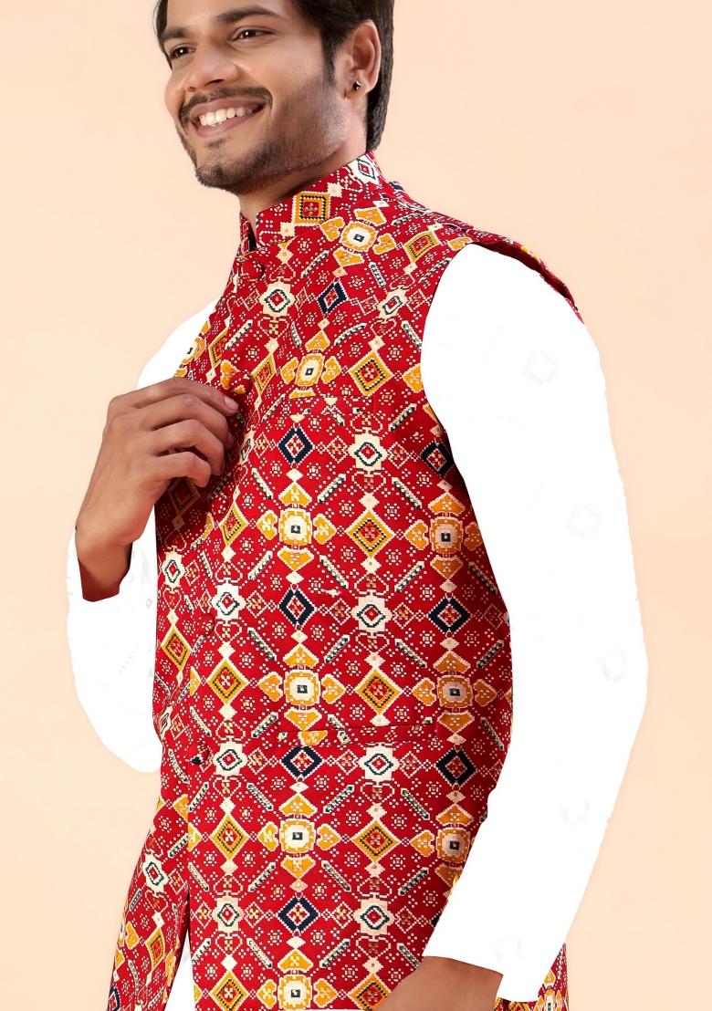 Red Printed Cotton Waistcoat For Men - Indya