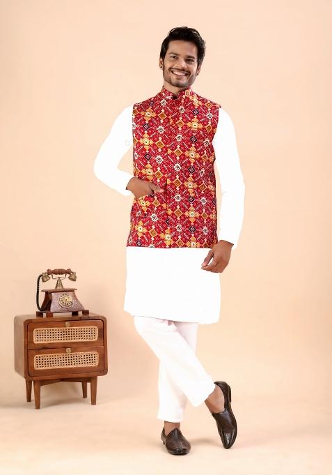Red Printed Cotton Waistcoat For Men