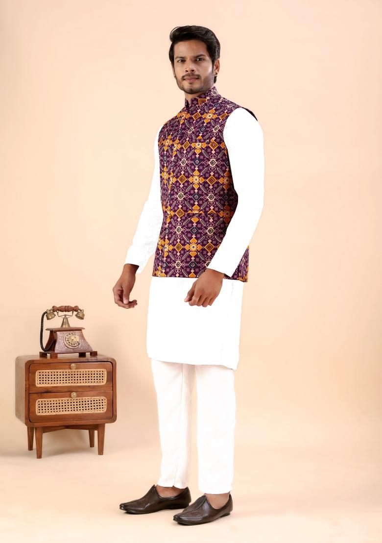 Wine Printed Cotton Waistcoat For Men - Indya