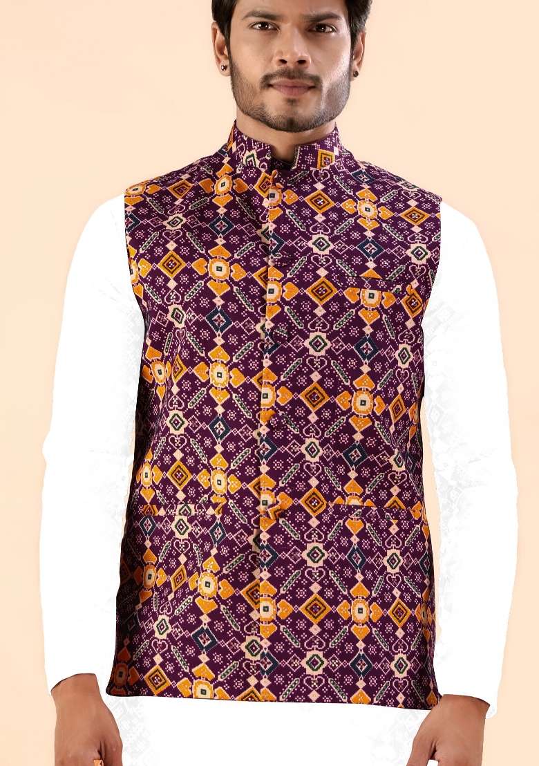 Wine Printed Cotton Waistcoat For Men - Indya