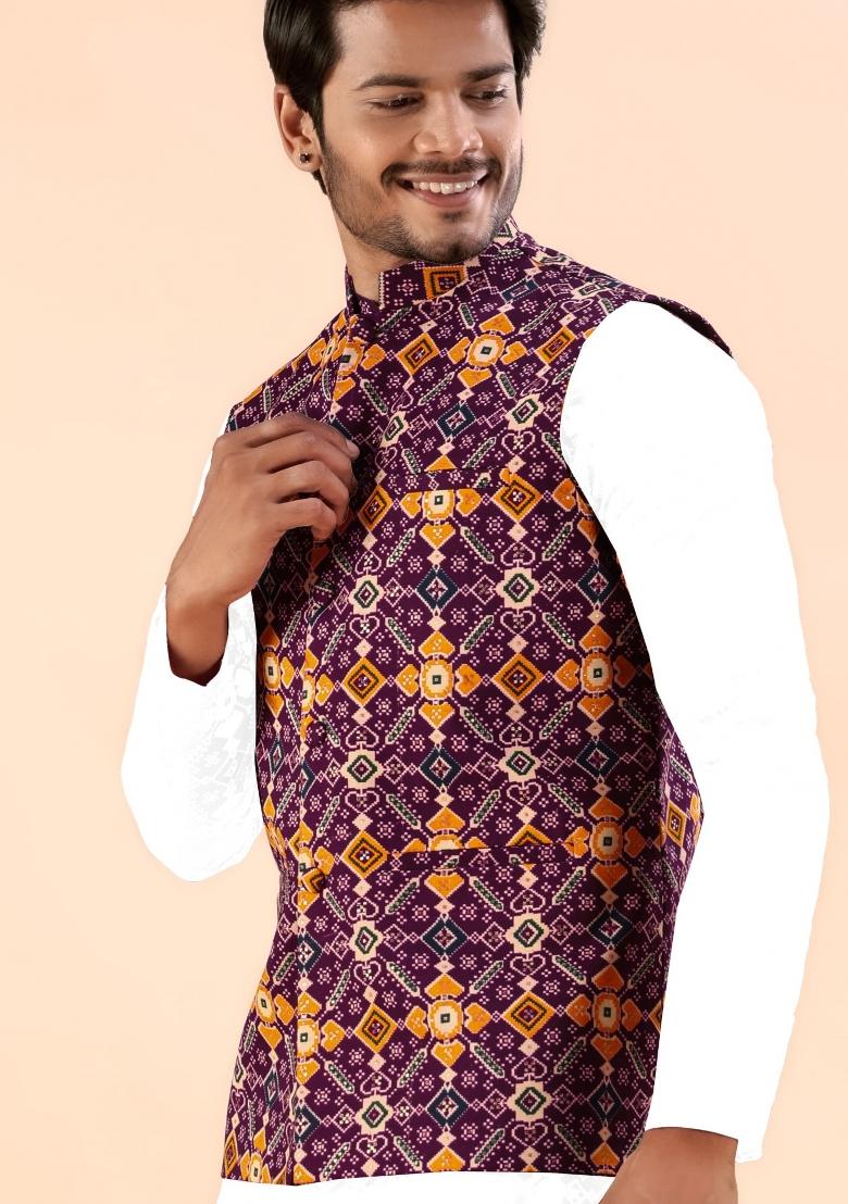 Wine Printed Cotton Waistcoat For Men - Indya