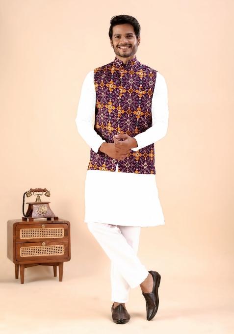 Wine Printed Cotton Waistcoat For Men