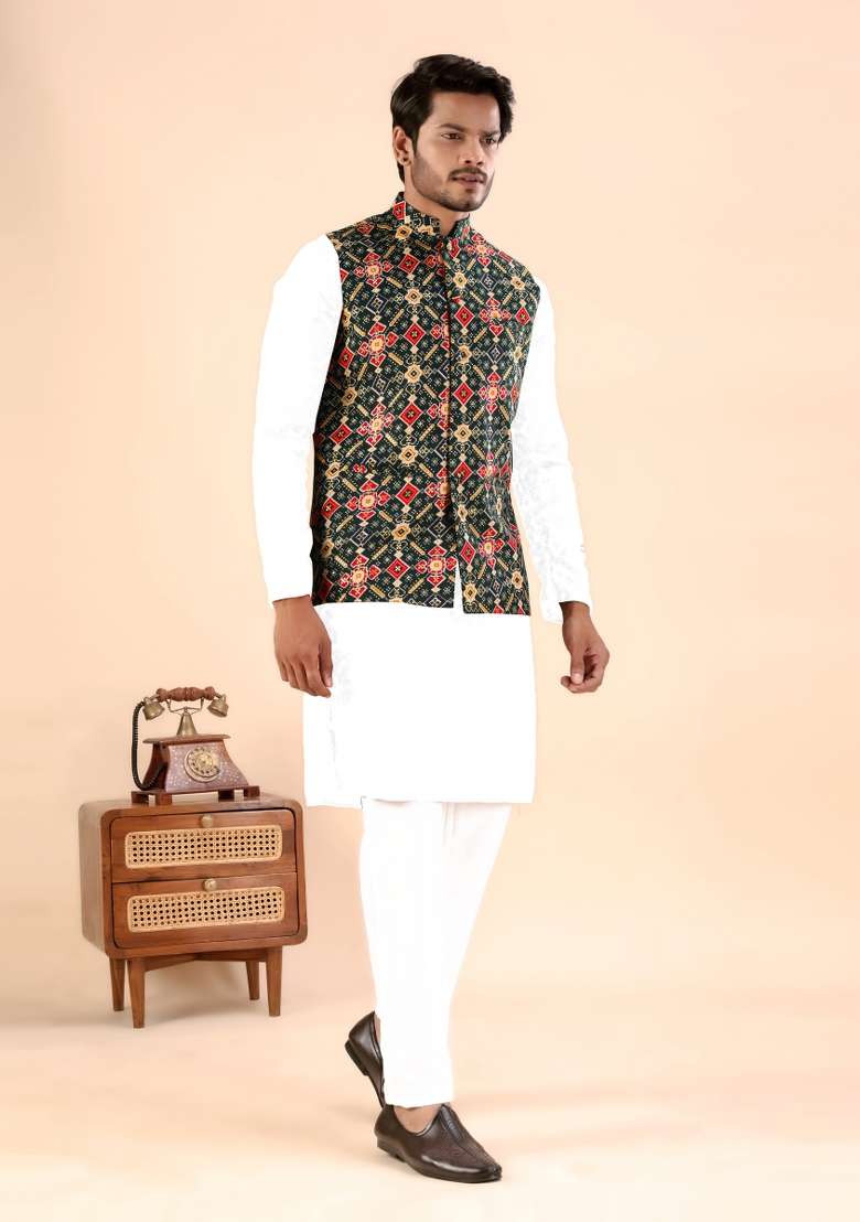 Green Printed Cotton Waistcoat For Men - Indya