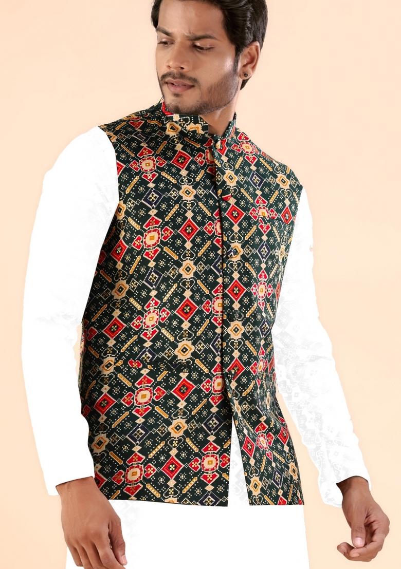 Green Printed Cotton Waistcoat For Men - Indya