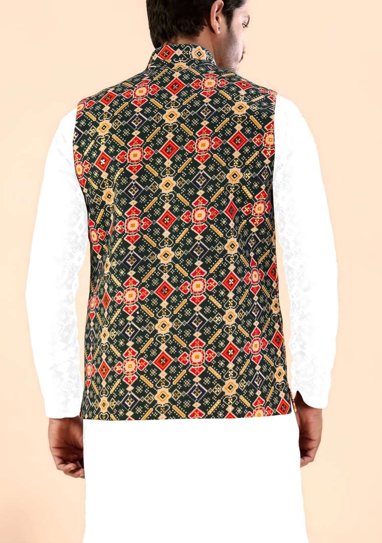 Green Printed Cotton Waistcoat For Men - Indya
