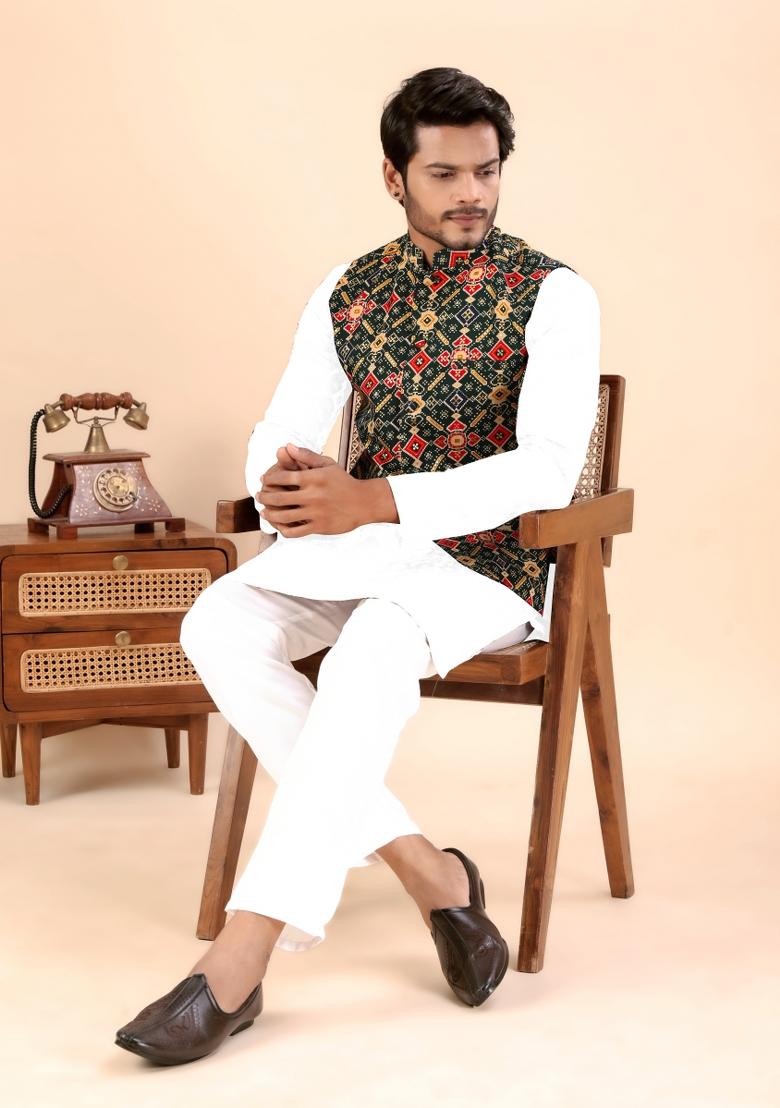 Green Printed Cotton Waistcoat For Men - Indya