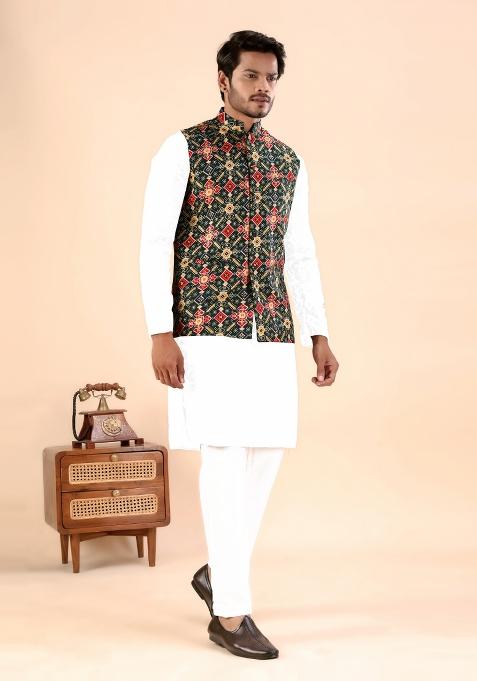 Green Printed Cotton Waistcoat For Men