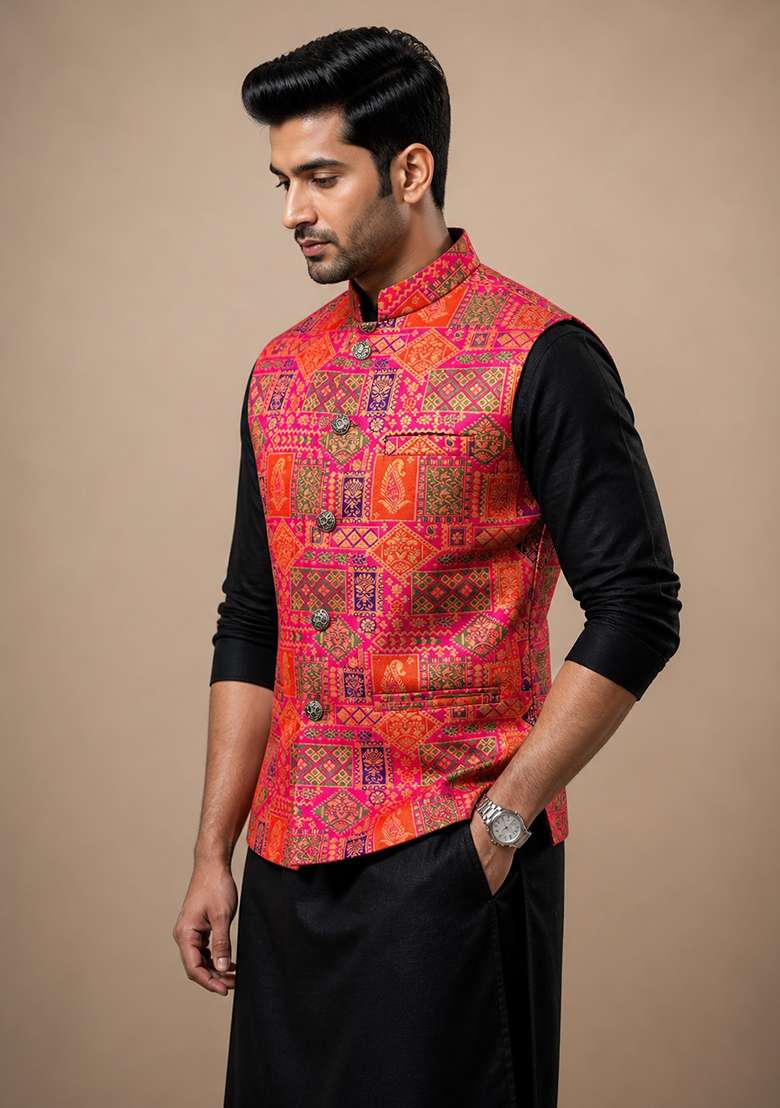Pink Jacquard Silk Waistcoat For Men - Indya