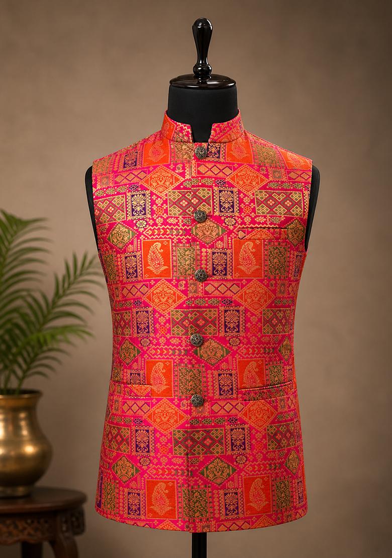 Pink Jacquard Silk Waistcoat For Men - Indya