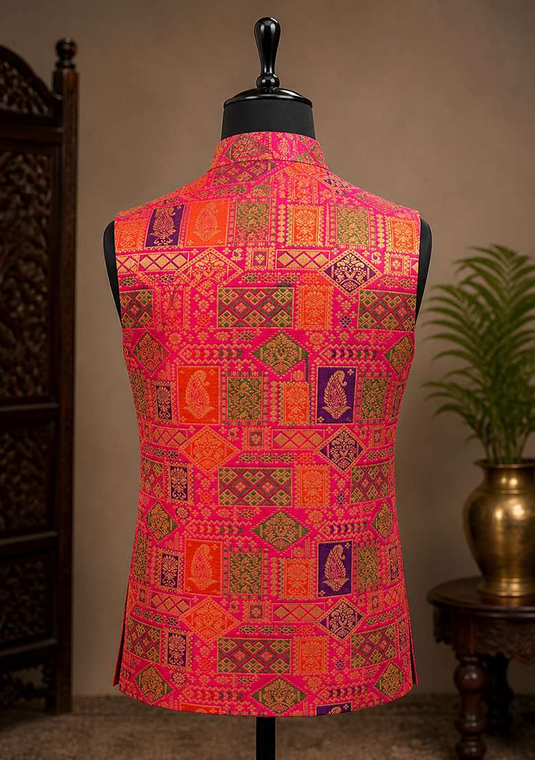 Pink Jacquard Silk Waistcoat For Men - Indya