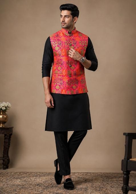 Pink Jacquard Silk Waistcoat For Men