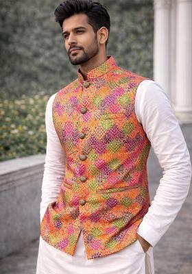 Magenta Jacquard Silk Waistcoat For Men