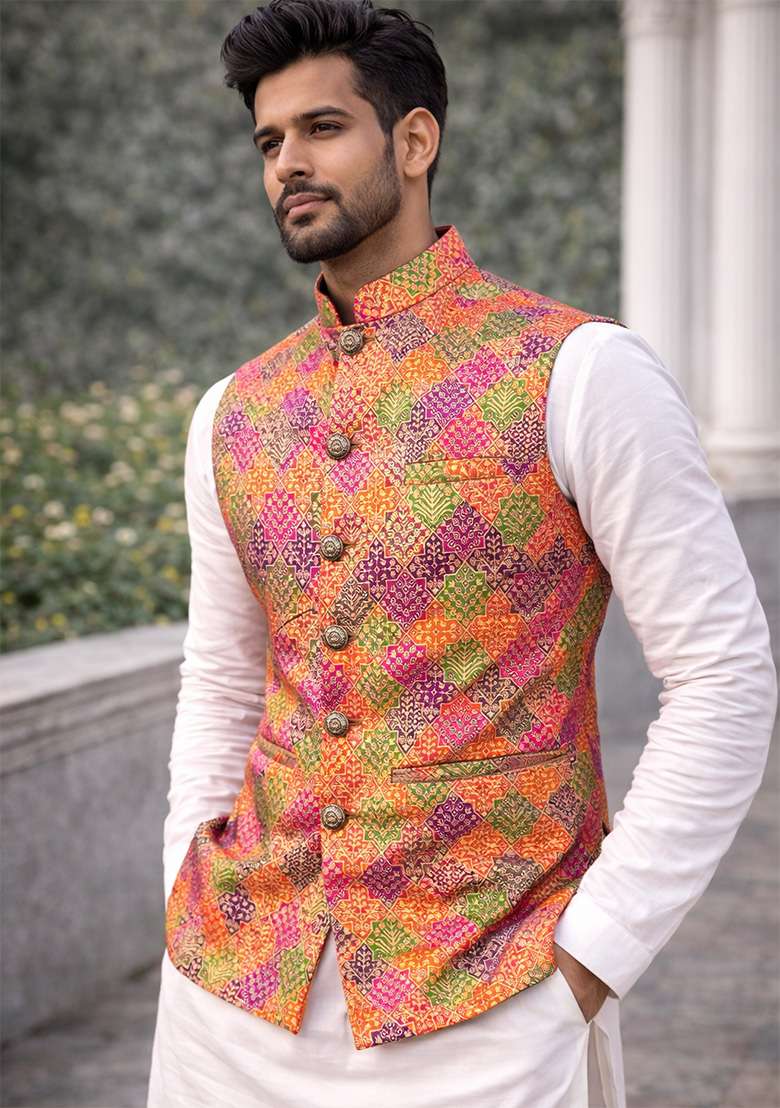 Magenta Jacquard Silk Waistcoat For Men - Indya