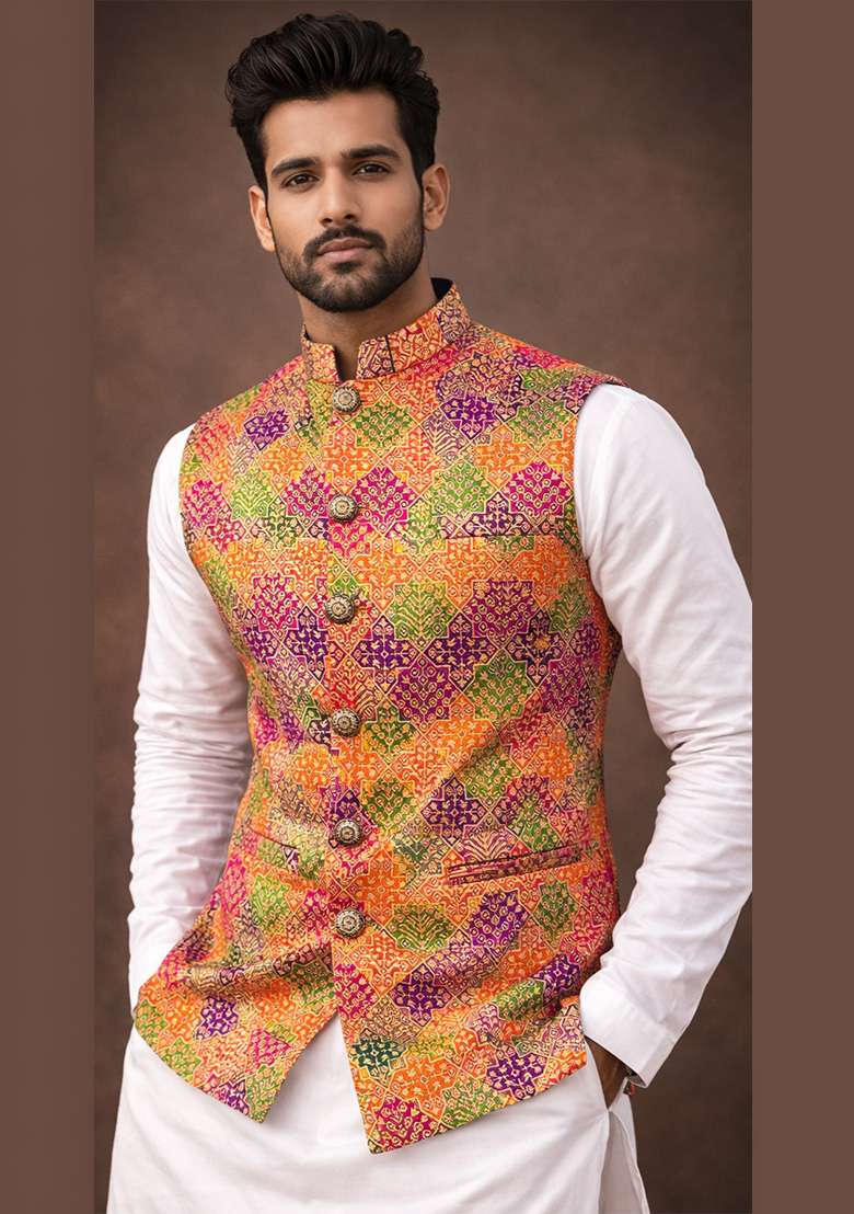 Magenta Jacquard Silk Waistcoat For Men - Indya