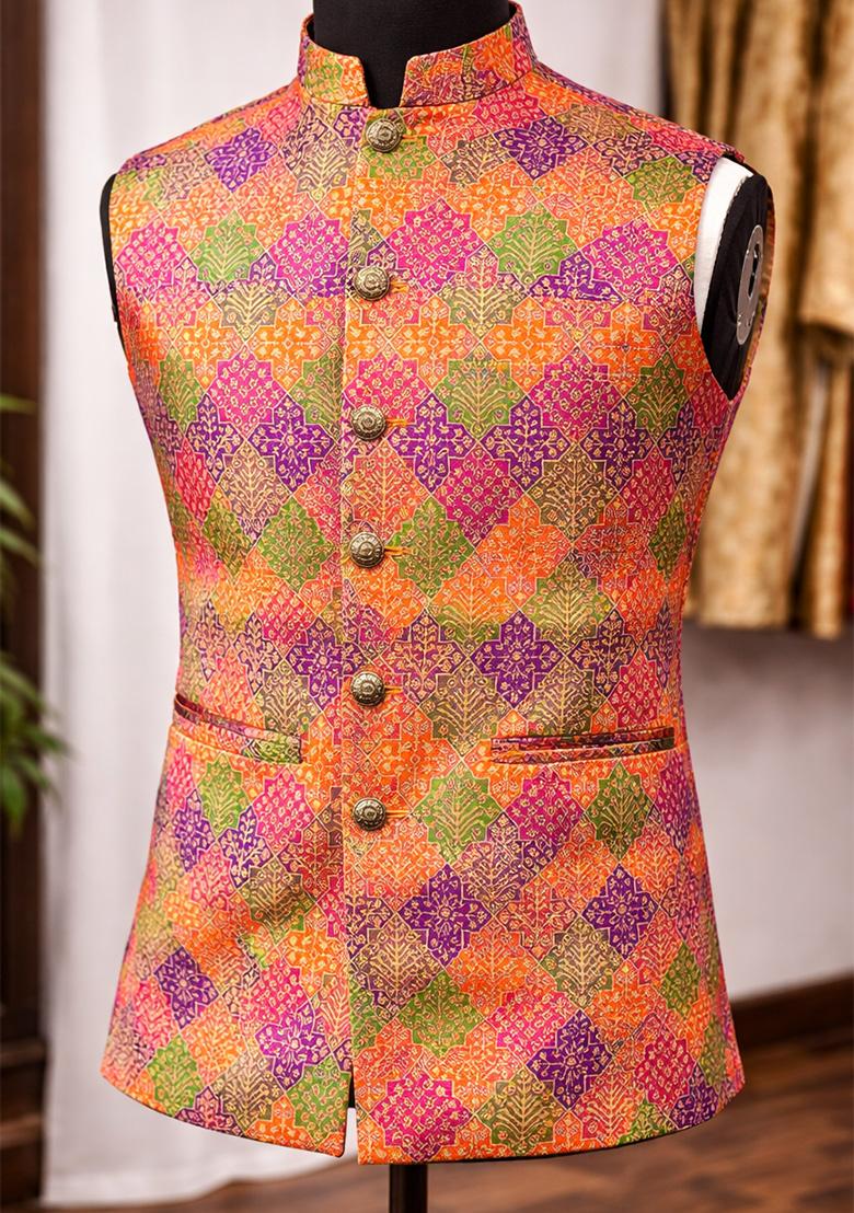 Magenta Jacquard Silk Waistcoat For Men - Indya