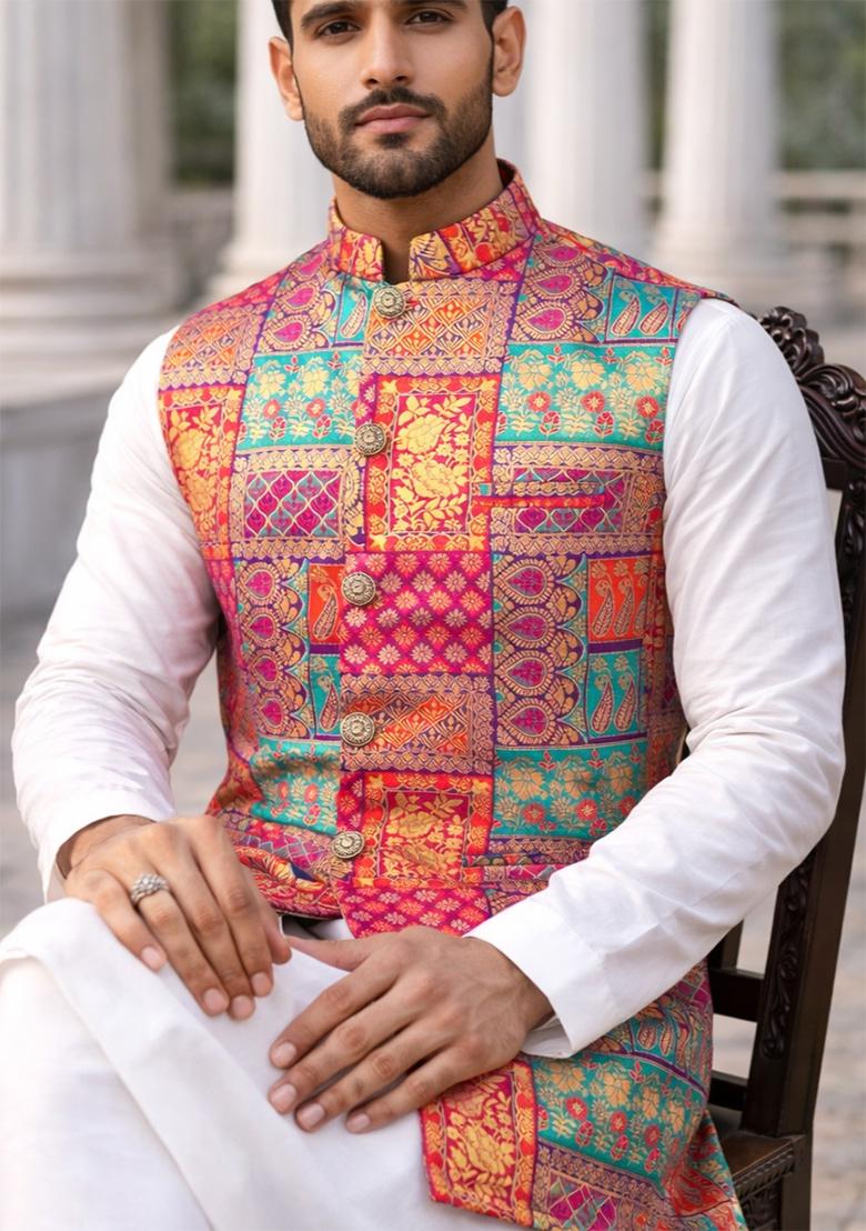 Multicolor Jacquard Silk Waistcoat For Men - Indya