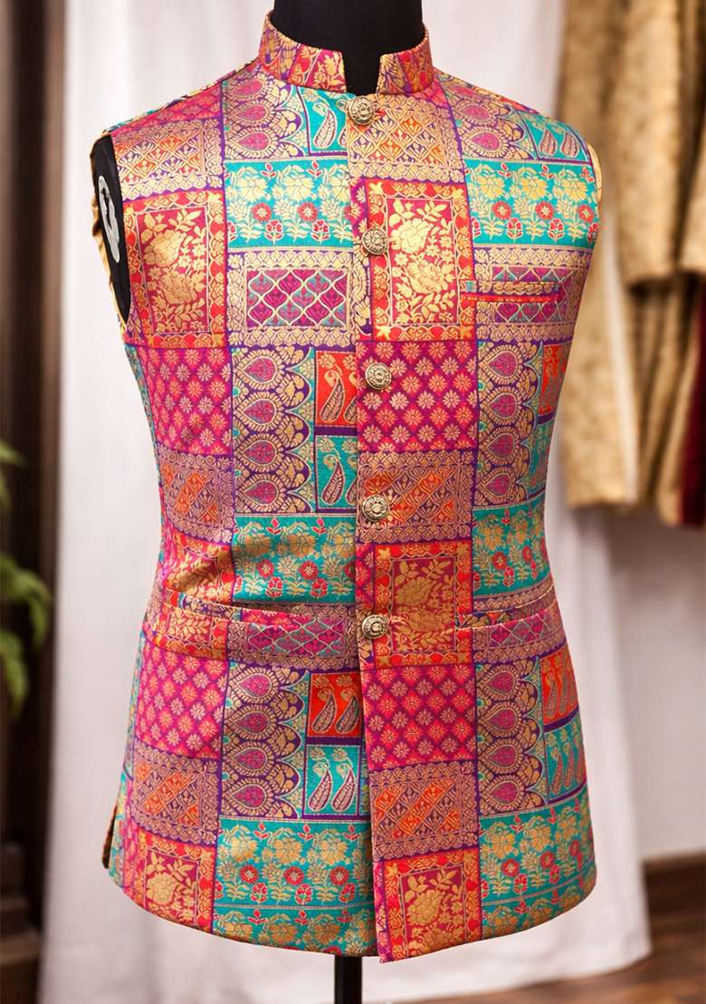 Multicolor Jacquard Silk Waistcoat For Men - Indya