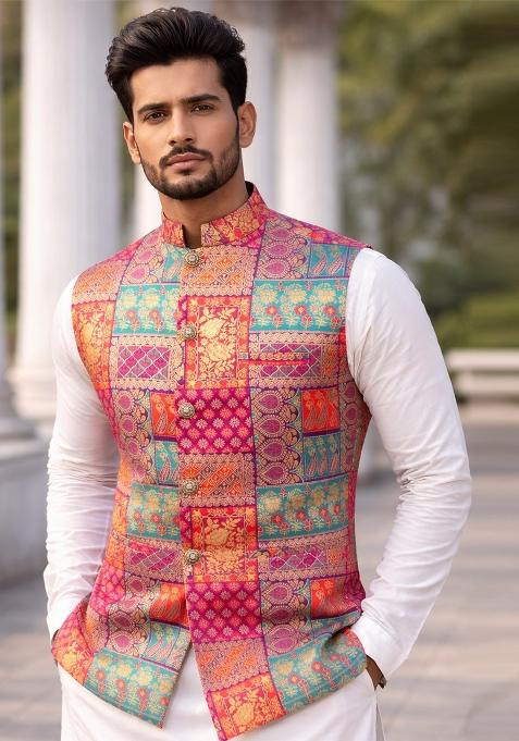 Multicolor Jacquard Silk Waistcoat For Men