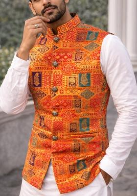 Orange Jacquard Silk Waistcoat For Men