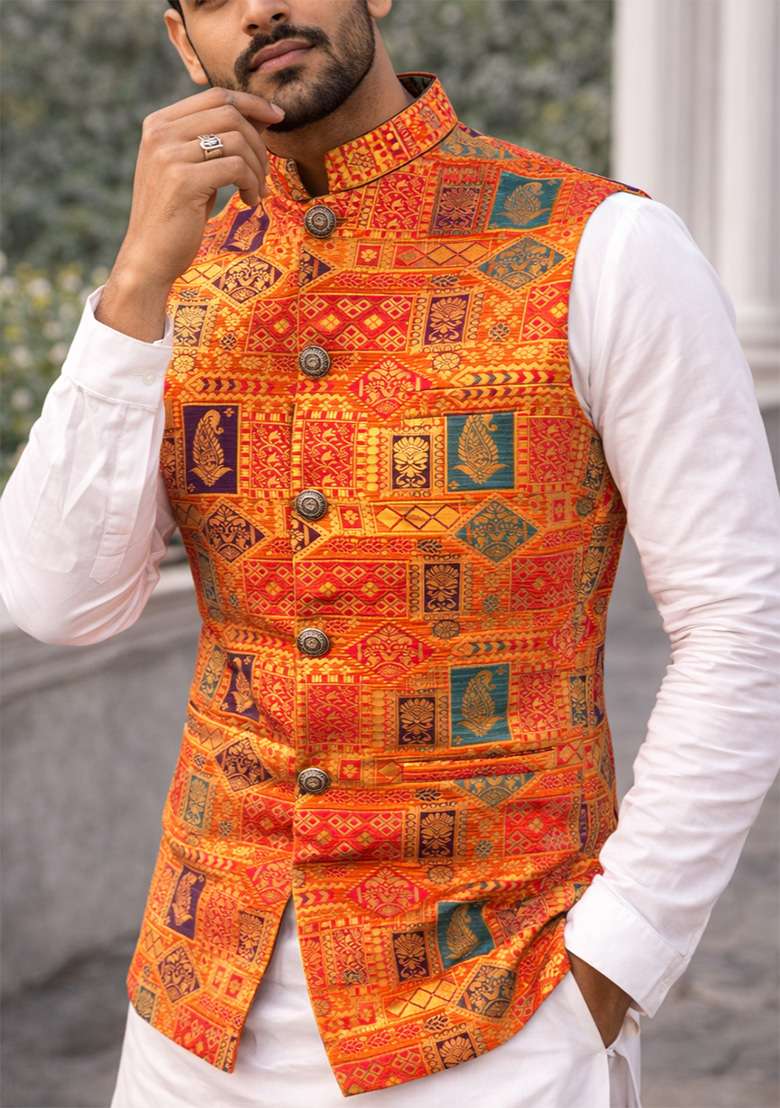 Orange Jacquard Silk Waistcoat For Men - Indya