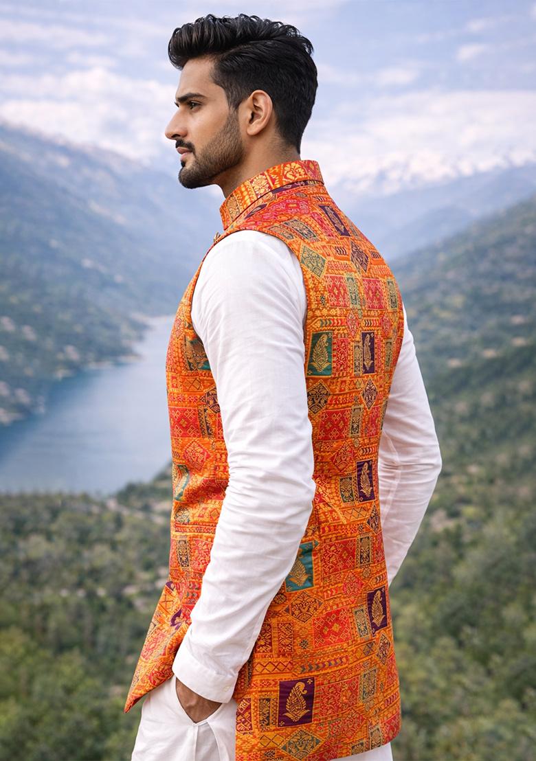 Orange Jacquard Silk Waistcoat For Men - Indya