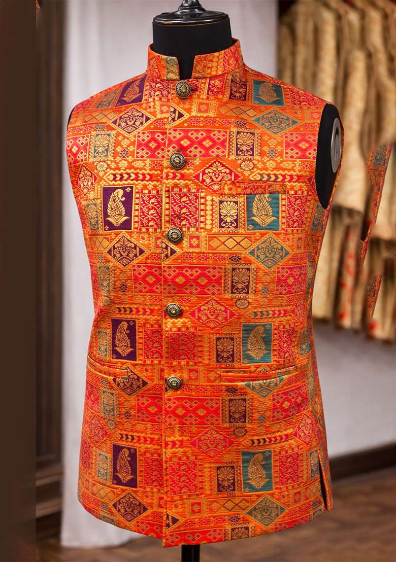 Orange Jacquard Silk Waistcoat For Men - Indya