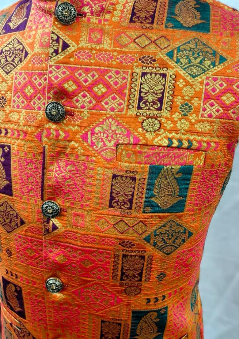 Orange Jacquard Silk Waistcoat For Men - Indya