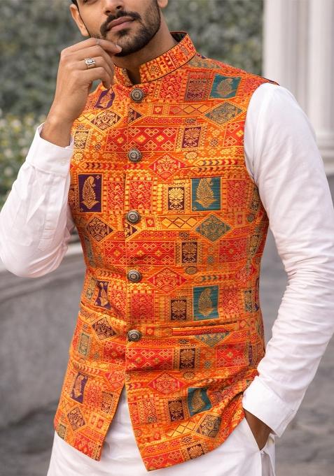 Orange Jacquard Silk Waistcoat For Men
