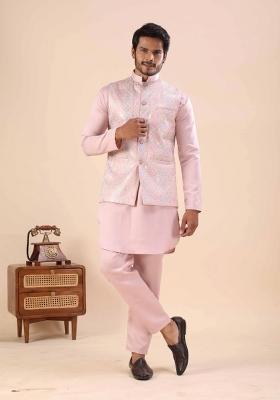 Pink Embroidery Cotton Waistcoat For Men