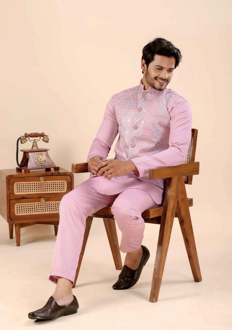 Pink Embroidery Cotton Waistcoat For Men - Indya