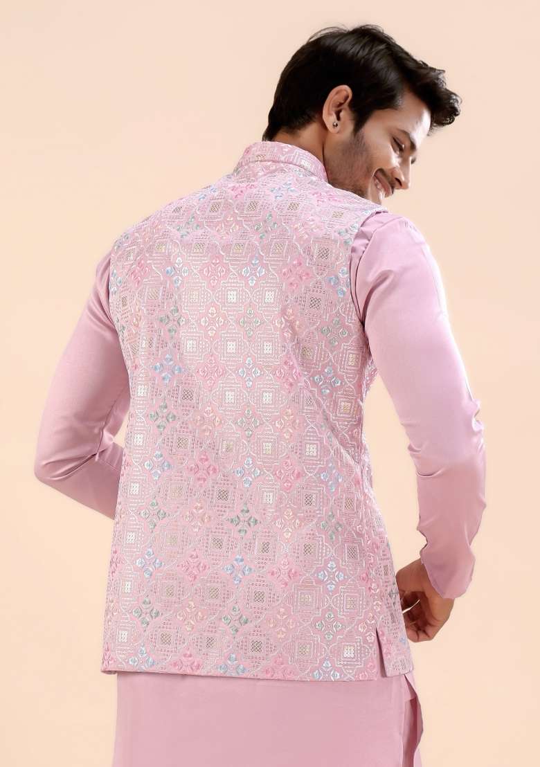 Pink Embroidery Cotton Waistcoat For Men - Indya