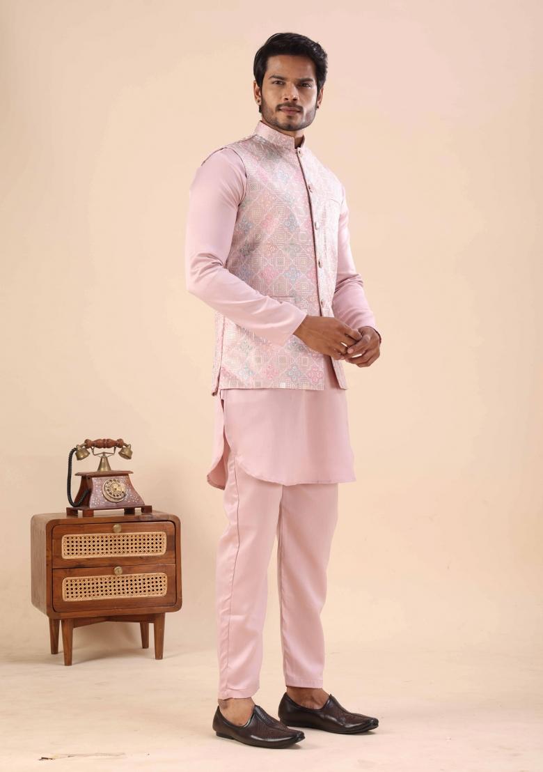 Pink Embroidery Cotton Waistcoat For Men - Indya